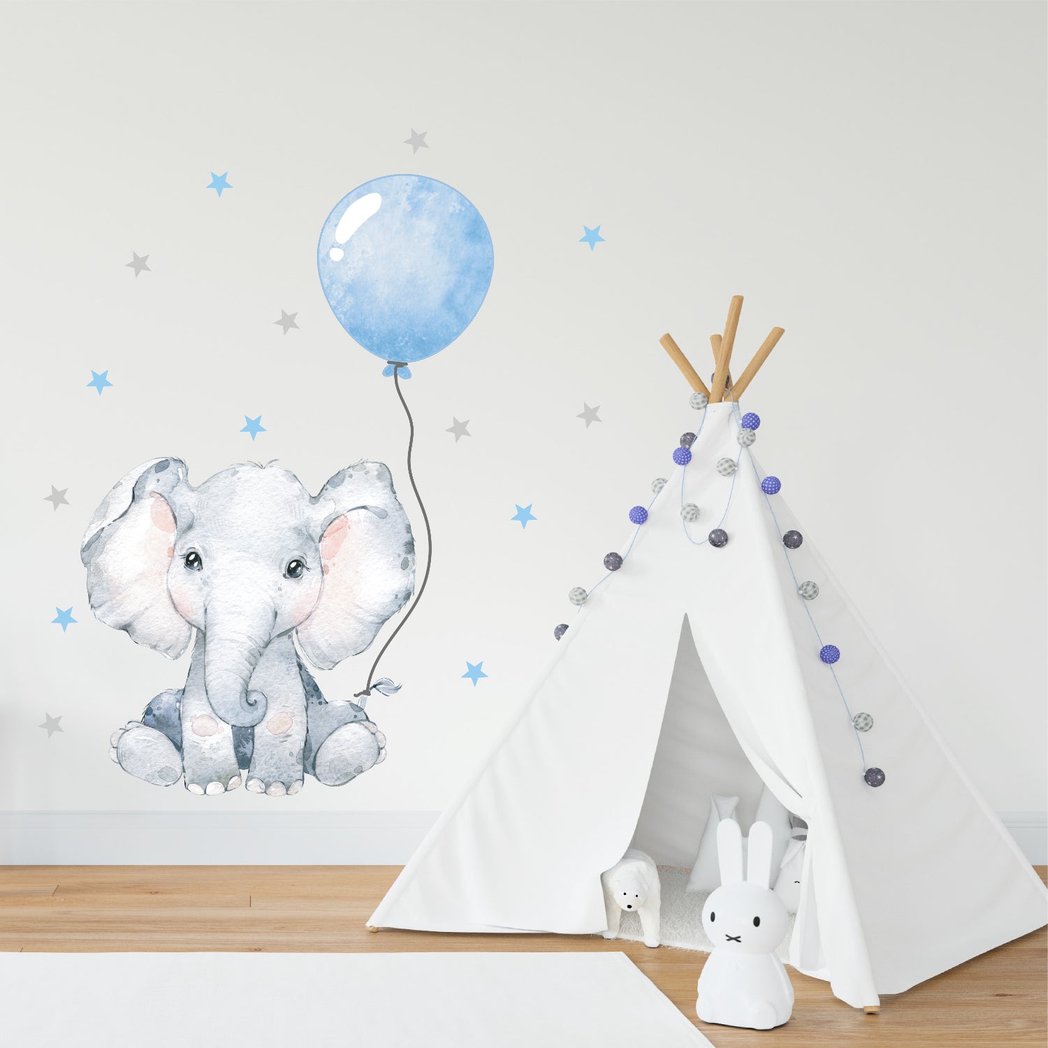 pandawal Luftballon und – Sternen Wandtattoo Elefant mit